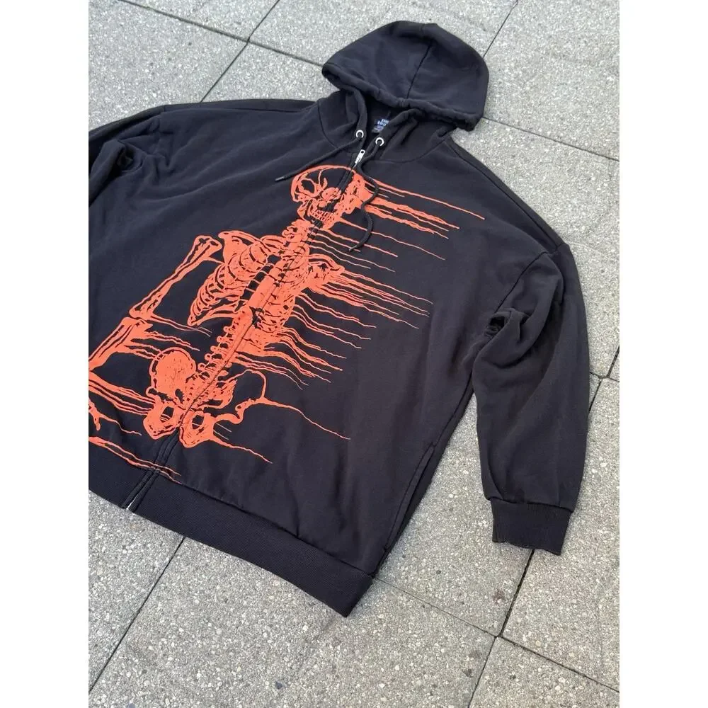 Social Collision Skeleton Zip Up Hoodie 2XL Black Orange Goth Grunge Emo Punk